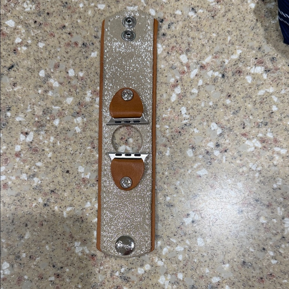 Glitter Leather Snap Cuff Watch Band Adapter in Tan and Silver